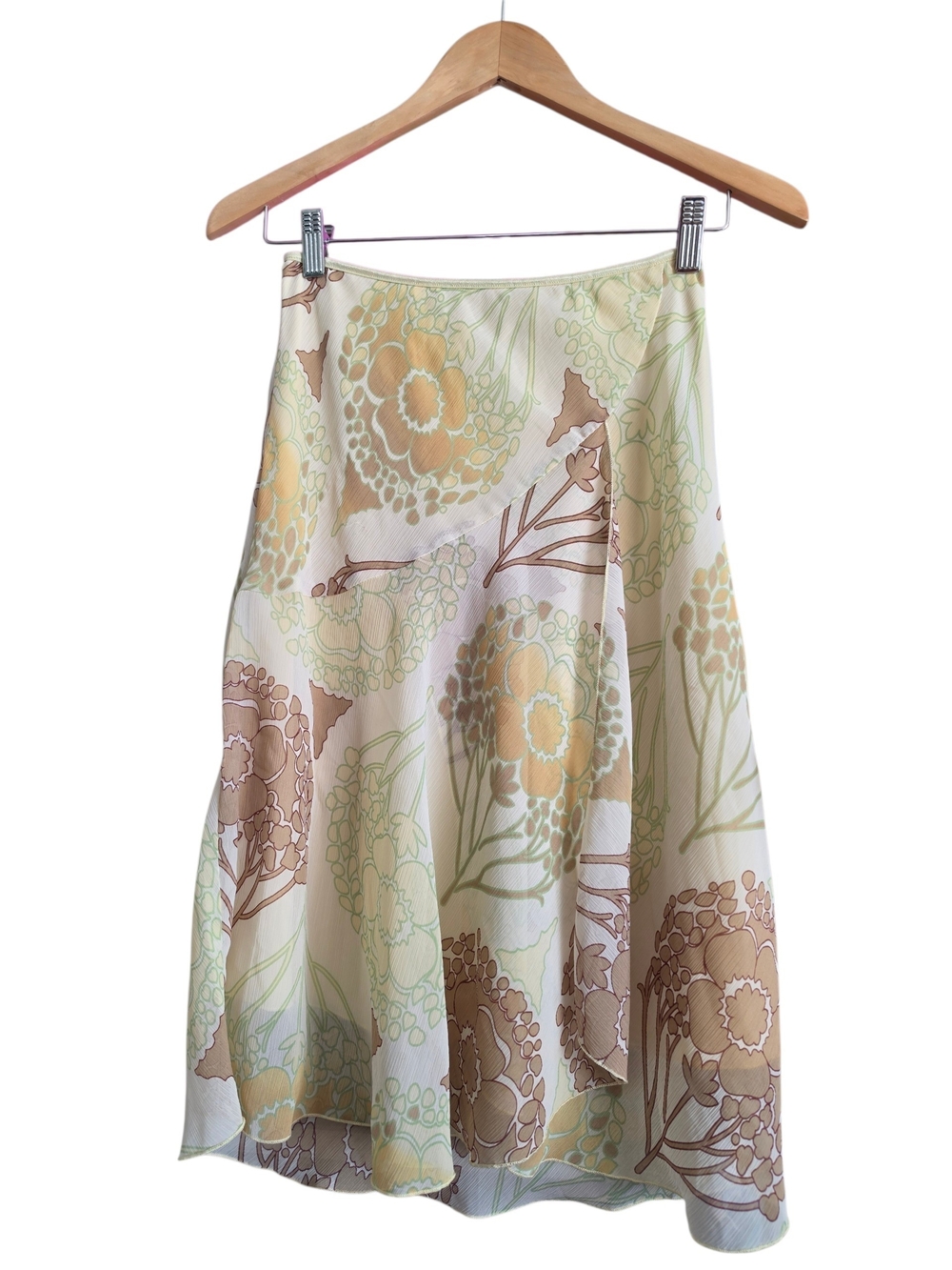 Y2K Wrapper Floral A-Line Midi Skirt - Yellow, Tan & Green